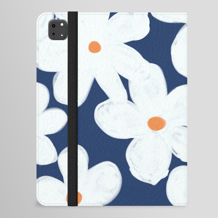 Eclectic Chamomile Wildflowers on Dark Blue iPad Folio Case