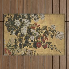 Flowers & Grapes Vintage Japanese Floral Gold Leaf Screen Outdoor Rug