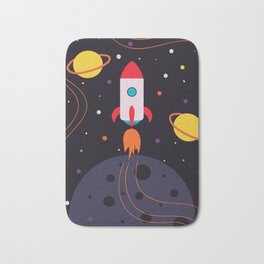 Rocket in Space Bath Mat | Nebula, Stars, Cosmos, Kids, Blue, Nursery, Spaceship, Planet, Children, Astronaut 