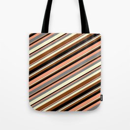 [ Thumbnail: Colorful Light Salmon, Grey, Light Yellow, Brown, and Black Colored Stripes Pattern Tote Bag ]