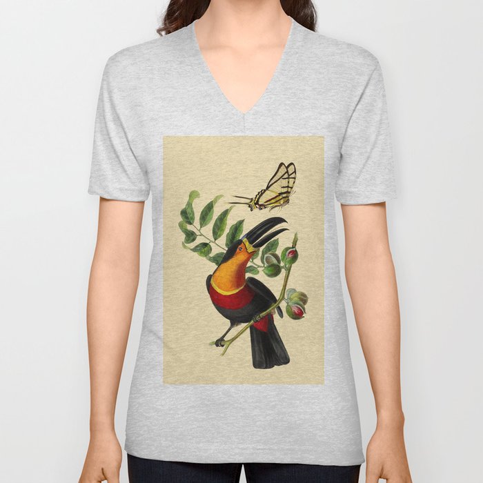 Toucan and Butterfly Tropical Fruit and Floral portrait painting V Neck T Shirt