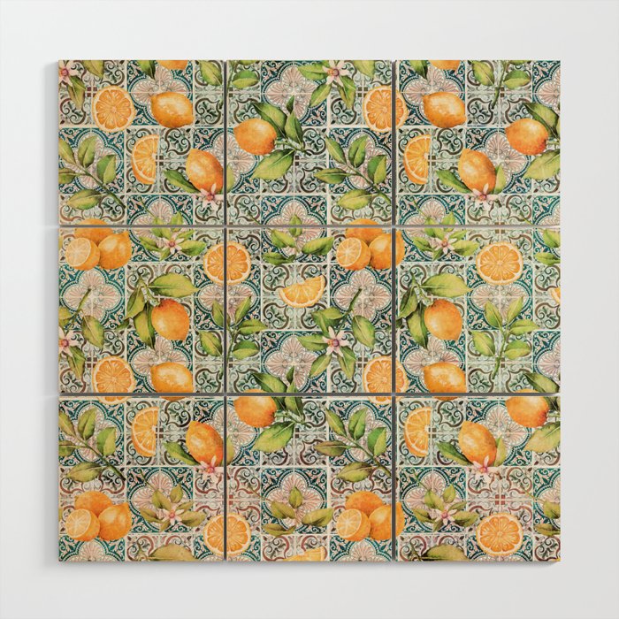 Mediterranean Vintage Summer Blue And Brown Tiles With Fruity Oranges Wood Wall Art
