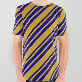 [ Thumbnail: Goldenrod and Dark Blue Colored Lined Pattern All Over Graphic Tee ]