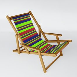 [ Thumbnail: Chartreuse, Red, and Midnight Blue Colored Striped Pattern Sling Chair ]