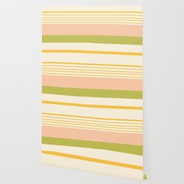 Half Stripes Minimalist Pattern in Retro Blush Pink, Light Avocado Green, and Marigold on Cream Wallpaper