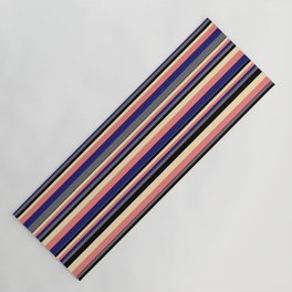 [ Thumbnail: Vibrant Beige, Light Coral, Midnight Blue, Dim Gray, and Black Colored Pattern of Stripes Yoga Mat ]