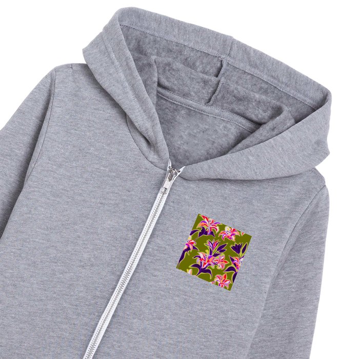 Maximalist Poisonous Lily Pattern 1. Green Kids Zip Hoodie