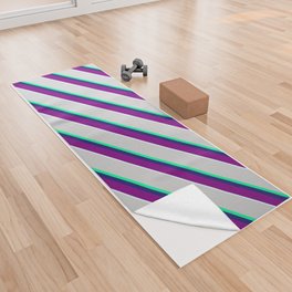 [ Thumbnail: Vibrant Light Gray, Green, Midnight Blue, Purple & Light Cyan Colored Striped/Lined Pattern Yoga Towel ]
