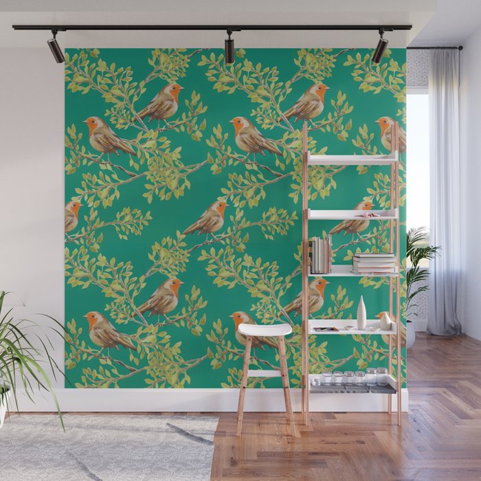 Red Robin & Emerald Green Pattern Wall Mural