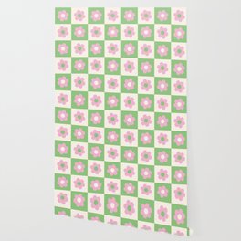 Checkered Daisies in Pink and Green Wallpaper