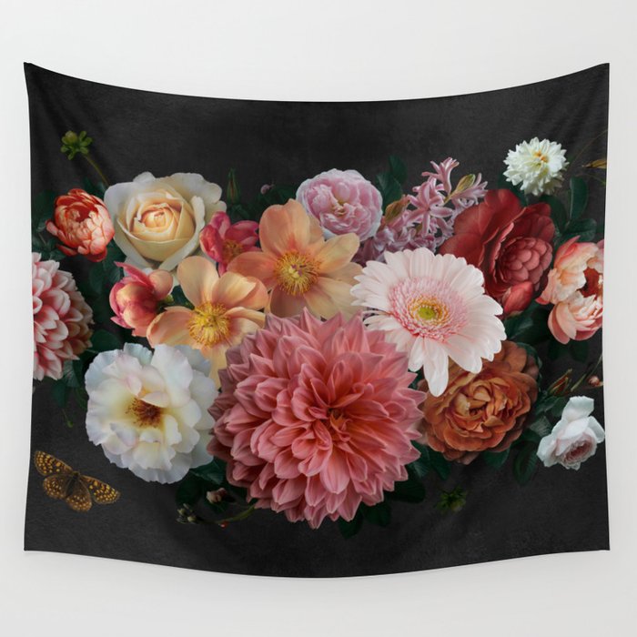 Luxurious baroque and victorian bouquet. Beautiful garden flowers, leaves  and butterfly on black background. Pink and white peonies, roses. Vintage  illustration. Floral decoration advertising material Wall Tapestry by Flash  Decor