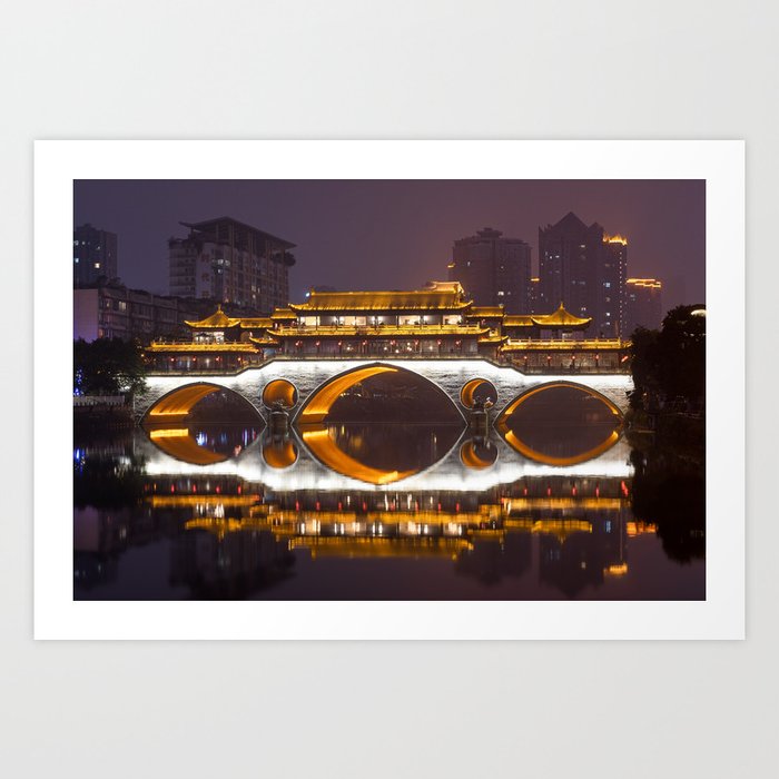 Illuminated Anshun Bridge in Chengdu, China - Night Photography Art Print