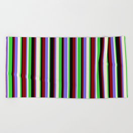[ Thumbnail: Colorful Lime Green, Beige, Medium Slate Blue, Dark Red & Black Colored Stripes Pattern Beach Towel ]