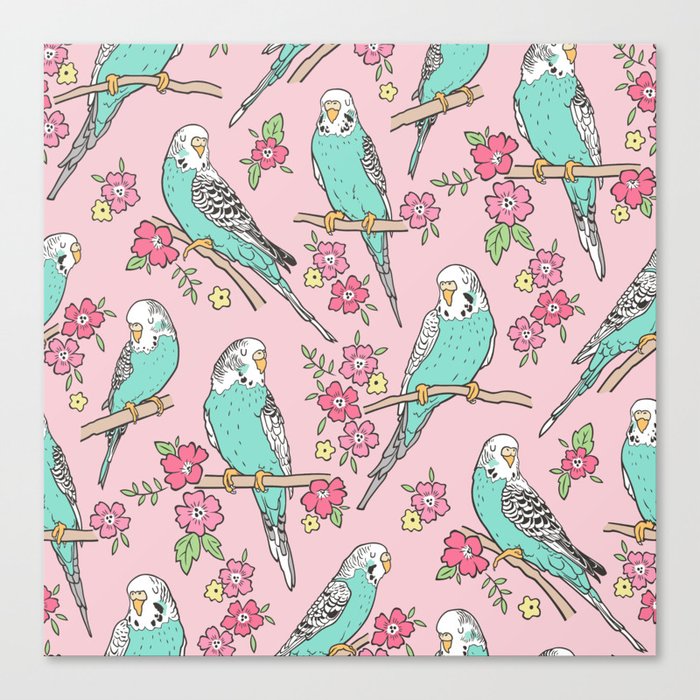 Budgie Birds With Blossom Flowers On Pink Canvas Print By Caja