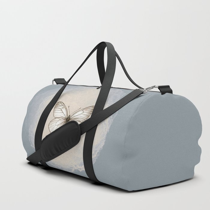 Hand-Drawn Butterfly and Brush Stroke on Greenish Gray Duffle Bag