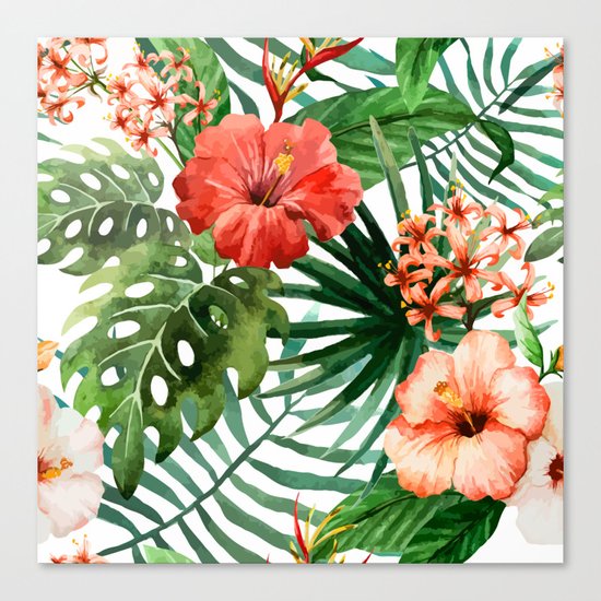 Hibiscus and Palm Leaf Pattern Canvas Print