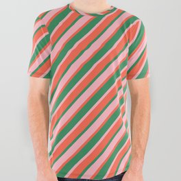 [ Thumbnail: Sea Green, Light Pink, and Red Colored Lined/Striped Pattern All Over Graphic Tee ]
