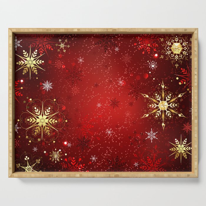 Red Background with Gold Snowflakes Serving Tray