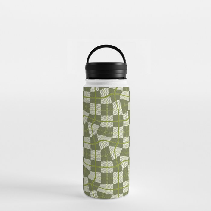 Warped Checkerboard Grid Illustration Olive Garden Green Water Bottle