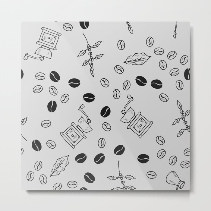 Black Coffee Beans and Grinders Seamless Pattern on Pastel Silver Grey Metal Print