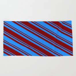 [ Thumbnail: Blue and Maroon Colored Pattern of Stripes Beach Towel ]