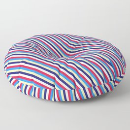 [ Thumbnail: Eye-catching Crimson, Blue, Pale Goldenrod, Midnight Blue & White Colored Striped Pattern Floor Pillow ]