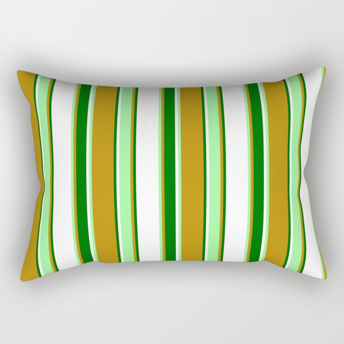 Dark Goldenrod, Green, White & Dark Green Colored Striped Pattern Rectangular Pillow