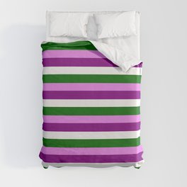 [ Thumbnail: Violet, Purple, White, and Dark Green Striped/Lined Pattern Duvet Cover ]