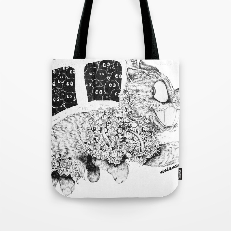 Studio Ghibli Cat Bus Black White Zentangle Drawing Doodle Tote