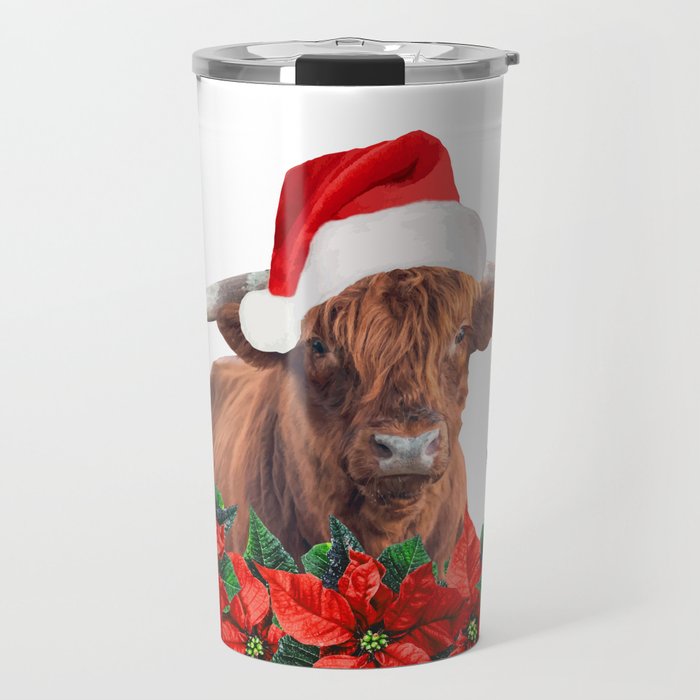 Highland Cow Santa Claus - Wreath Merry Christmas Travel Mug