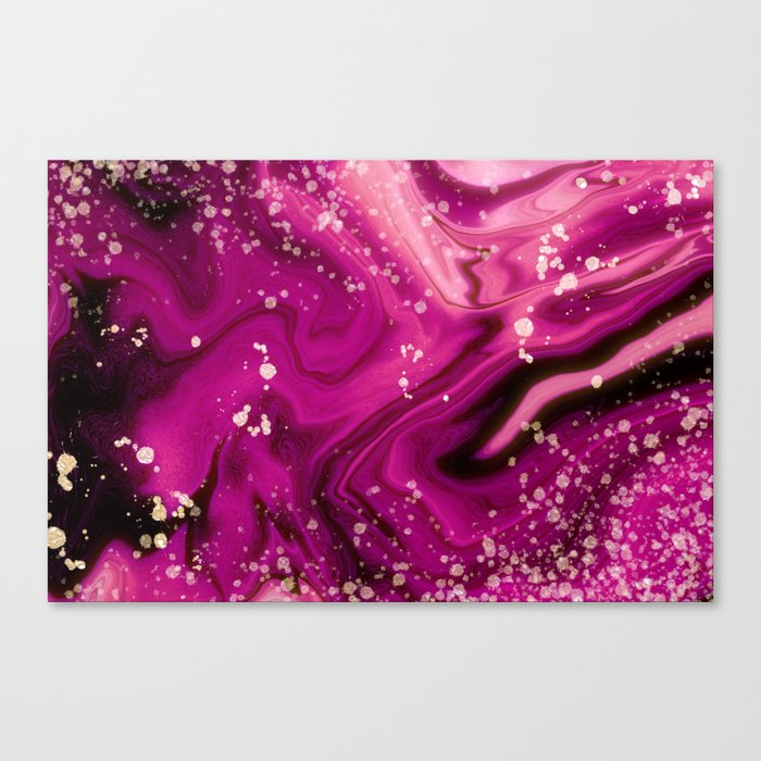 Pink purple and black agate marble with gold dust. Alcohol ink fluid abstract texture fluid art with gold glitter and liquid Canvas Print