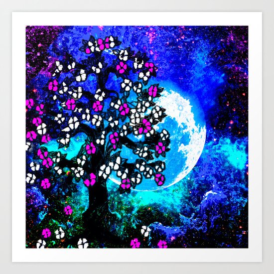 A TREE A MOON AND STARS AT NIGHT Art Print