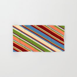 [ Thumbnail: Blue, Beige, Green, Coral, and Maroon Colored Lined Pattern Hand & Bath Towel ]