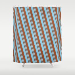 [ Thumbnail: Sky Blue & Sienna Colored Lined/Striped Pattern Shower Curtain ]