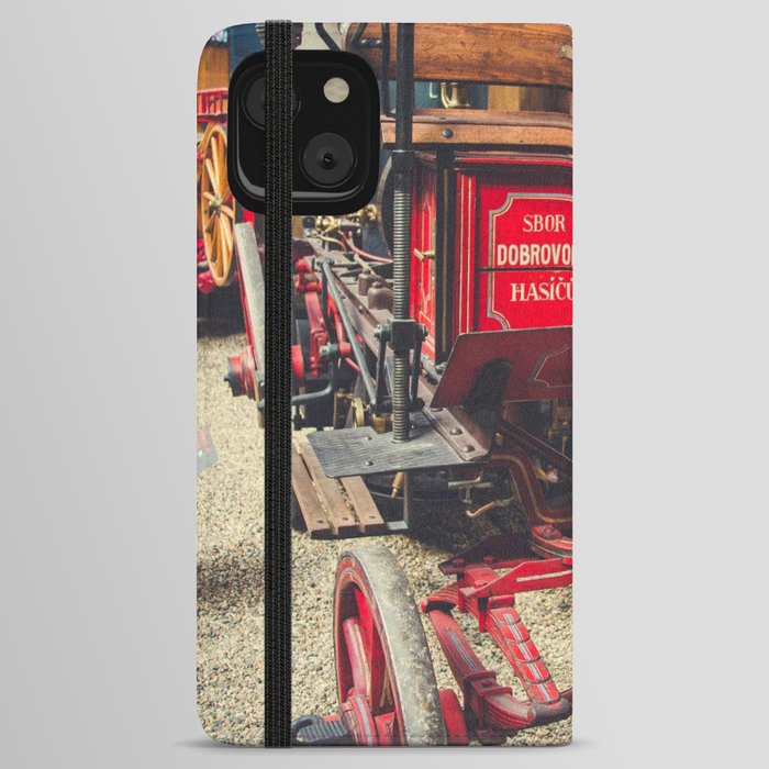 19th century horse drawn fire department fire fighting wagon color photograph / photography iPhone Wallet Case