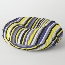 [ Thumbnail: Vibrant Light Gray, Dim Gray, Black, Yellow, and Midnight Blue Colored Stripes Pattern Floor Pillow ]