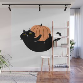 Halloween black cat cartoon animal illustration Wall Mural