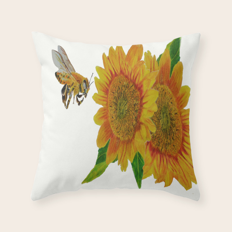 Summer Bee Yellow Sunflower Painting Throw Pillow By Lozsart