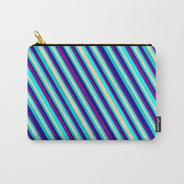 [ Thumbnail: Eye-catching Purple, Aqua, Tan, Dark Turquoise, and Dark Blue Colored Stripes/Lines Pattern Carry-All Pouch ]