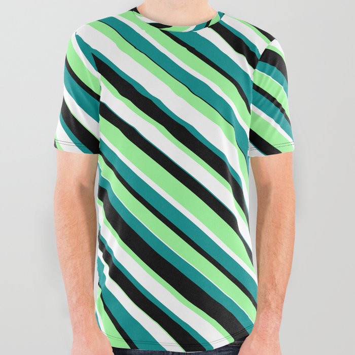 Green, White, Dark Cyan & Black Colored Striped/Lined Pattern All Over Graphic Tee
