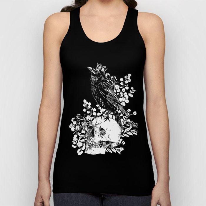Black raven with skull and crow, skeleton eucaliptus leaves, black and white Tank Top