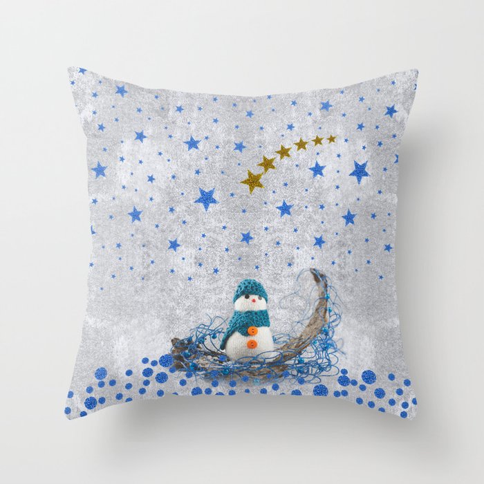 Snowman with sparkly blue stars Throw Pillow