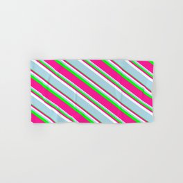 [ Thumbnail: Lime, Deep Pink, White & Light Blue Colored Pattern of Stripes Hand & Bath Towel ]