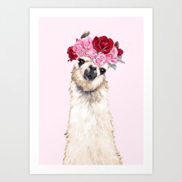 Llama with Pink Roses Flower Crown Art Print