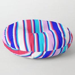 [ Thumbnail: Colorful Plum, Crimson, Blue, Deep Sky Blue, and Mint Cream Colored Lined/Striped Pattern Floor Pillow ]