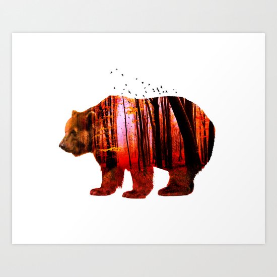 Bear in red forest Art Print