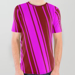 [ Thumbnail: Maroon & Fuchsia Colored Stripes/Lines Pattern All Over Graphic Tee ]