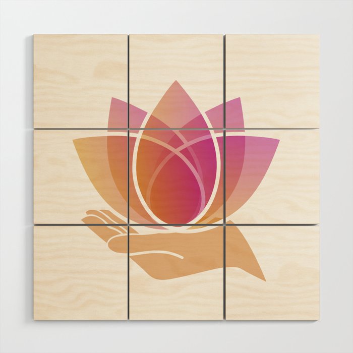 Hand holding a pink lotus flower	 Wood Wall Art