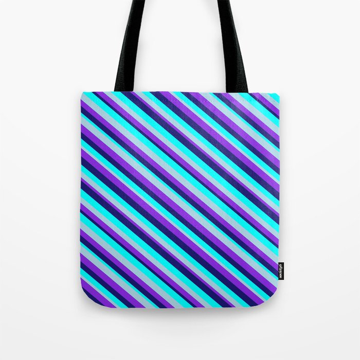 Midnight Blue, Aqua, Light Blue, and Purple Colored Lined/Striped Pattern Tote Bag