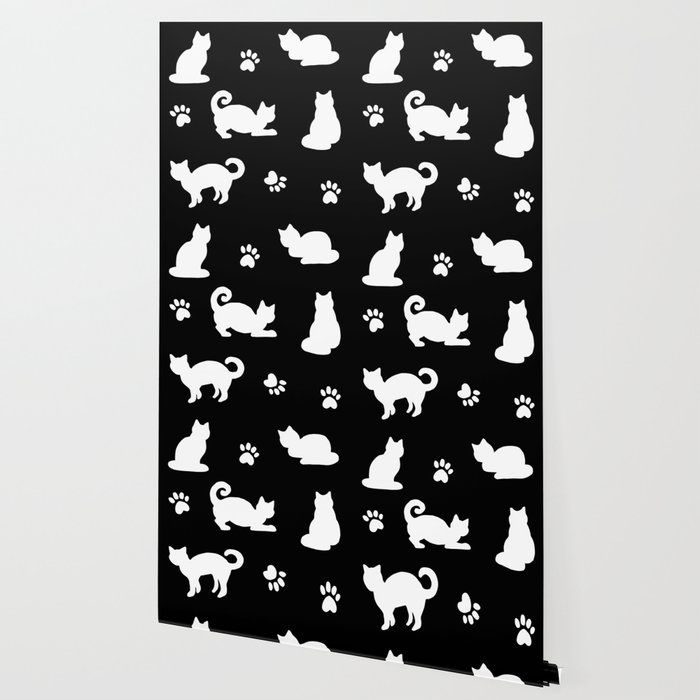 White Cats And Paw Prints Pattern On Black Wallpaper By